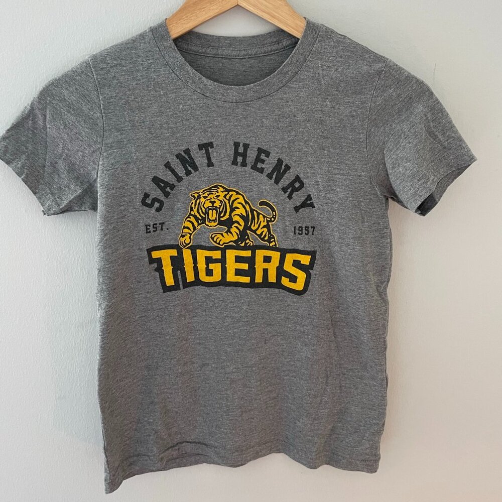 Women's Gray Graphic Athletic Tee - "Saint Henry Tigers"
